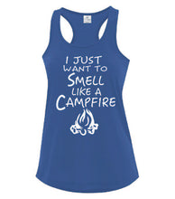 Load image into Gallery viewer, Smell Like A Campfire Ladies Tanks White Letters
