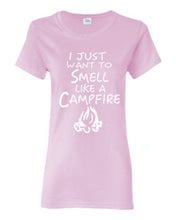 Load image into Gallery viewer, Smell Like A Campfire Ladies T-shirts White Letters
