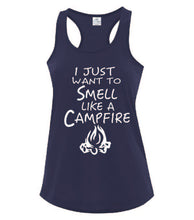 Load image into Gallery viewer, Smell Like A Campfire Ladies Tanks White Letters
