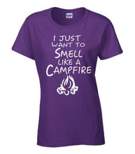 Load image into Gallery viewer, Smell Like A Campfire Ladies T-shirts White Letters
